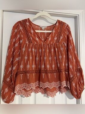 American Eagle Outfitters Rust Orange Embroidered Boho Peasant Blouse